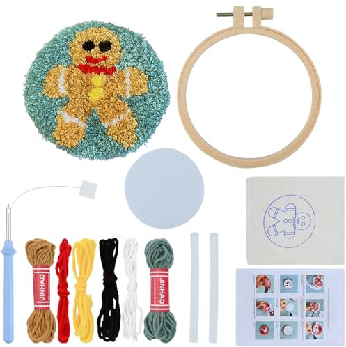 BRTNUP Weihnachten Punch Nadel Hoop Kit, Weihnachten Stanznadel-Untersetzer-Set, Craft Punch Needle Untersetzer Kit, DIY Needle Punch Handwerk Stickerei Kit (gelber Lebkuchenmann)