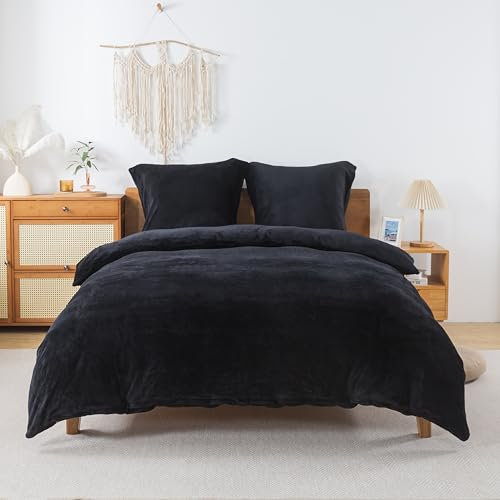 RongRongIN Flauschige Bettwäsche 200x200 cm Schwarz – Herbst Winter Biber Warm Bettbezug Fleece mit 2 Kissenbezüge 80x80 cm, Weich Kuschelig Flanell Bettwäsche-Set mit Reißverschluss für Doppelbett