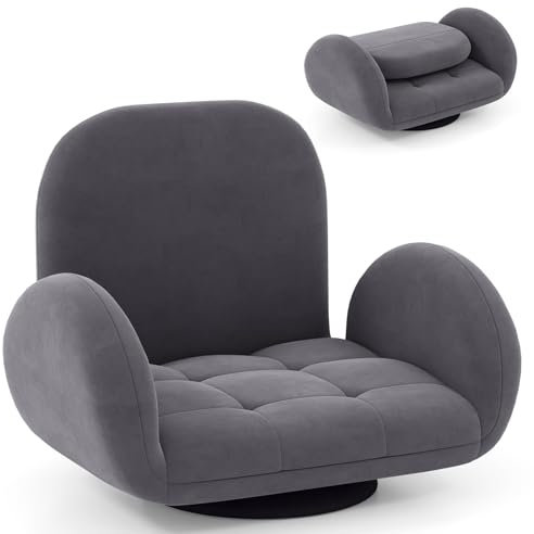 COSTWAY Folding Sofa Chair, Lazy Floor Sofa Bed with Adjustable Backrest and Armrests, Single Padded Lounge Sleeper Recliner Floor Chair Seat for Meditation Gaming Reading (with Swivel Base, Grey)