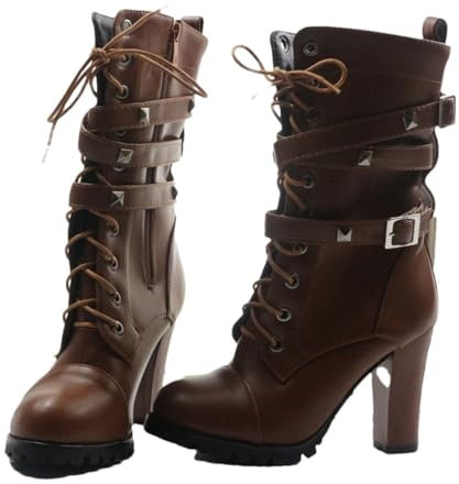 Suwequest Stivali da donna a metà polpaccio spessi tacchi alti rotondi piattaforma fibbia cerniera rivetti stringati in pelle Botas marrone 14