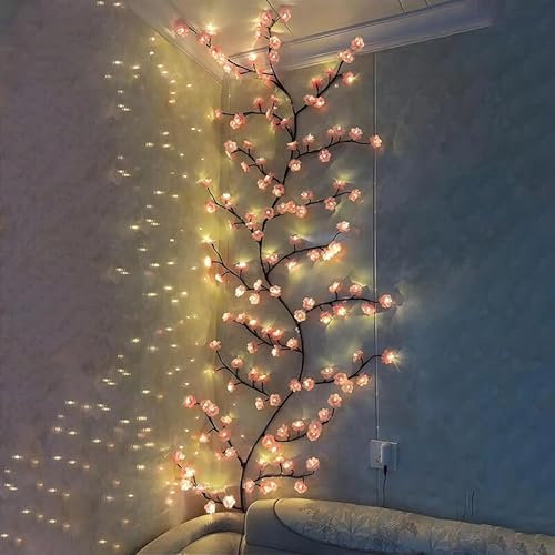 Asslye Led Tree Branch Cherry Blossom Lights,Cherry Blossom Tree Light with Remote Control,DIY Willow Vine Lights Cherry Blossom with 8 Modes,Christmas Decorations (48 Lights - 1.6m)