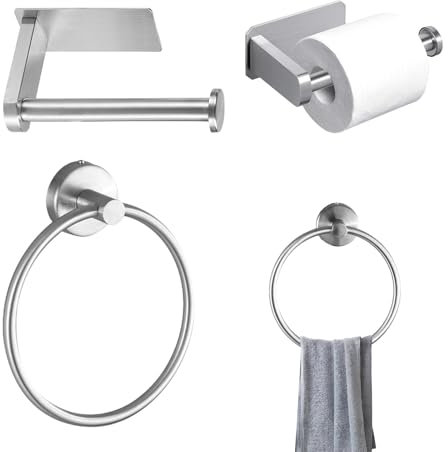 Self Adhesive Toilet Paper Roll Holder and Hand Towel Ring Set for Bathroom, 304 Stainless Steel with Brushed Nickel Finish, No Drilling Easy Installation