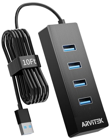 Arvitek 10Ft 4-Port USB 3.0 Hub for Desktop, USB Extender Hub 5Gbps, USB Multiport Adapter, USB Splitter w/Long Cable for Desktop, PC, Flash Drive, Mobile HDD (10Ft/3m)