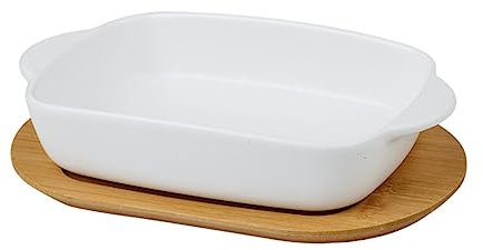 FELTECHELECTR Double Handle Microwave Baking Plate and Fruit Storage Tray Wooden Lid, White Household Kitchen Versatile Baking Tray for Oven and Microwave Use