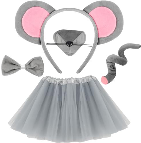 KICOSY Mouse Costume Set for Women Adult Grey Rat Ears Headband Nose Bow Tie and Tail Tutu Dress Halloween Rat Ears Costume Adult Animal Cosplay Dress Kit Accessories, Grey, Standard