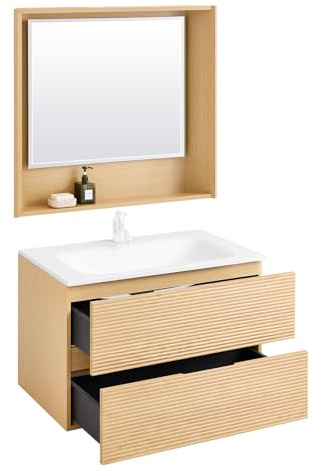 SoBuy Set arredo da bagno Specchio a parete+ Mobile lavabo Naturale BZR198-N