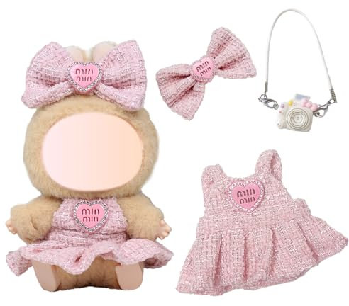 Kleidung für 17 cm Puppen, Kutte Outfit Schleife Clips Tasche nur Bekleidungs für die 17 cm Mini Plüsch Puppen Plüschpuppe, Nicht im Lieferumfang Enthalten (Rosa)