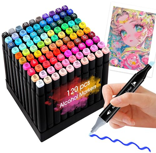 Aoriyar 120 Colours Alcohol Markers, Fine & Chisel Dual Tip Pens | Fine and chisel tips for detailed lines and broad coverage, with a desk stand and carry case for organised storage.
