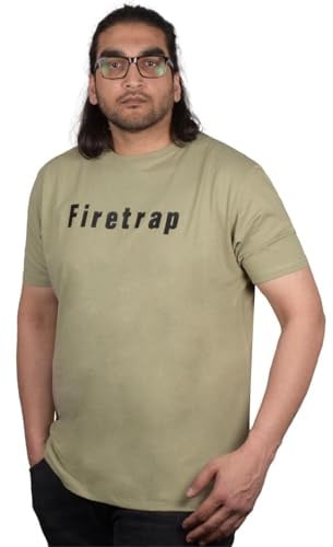 Firetrap Men's Plain T-Shirt Crew Neck Tee Top 100% Cotton Short Sleeve Casual Soft Lightweight Fit for Summer Everyday Wear Gym Shirt Logo Print Seagrass L