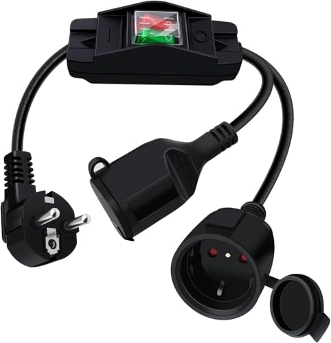 HuaLiSiJi Cable Alargador Schuko con Interruptor 16A 250V Cable Alargador con 2 Enchufes Schuko con Protección de Contactopara Hogar, Oficina, Interior o Exterior (Negro, 1 m)