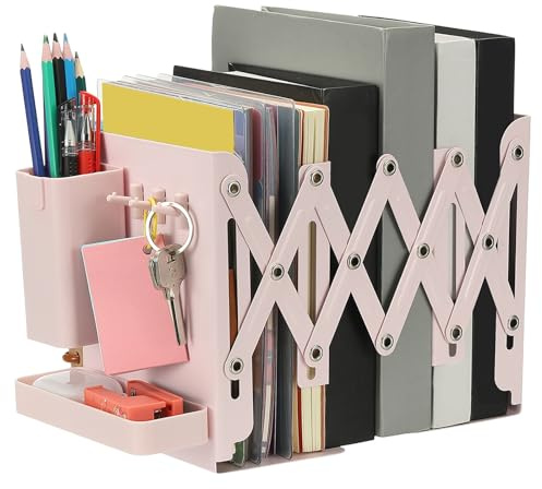 PATIKIL 7.5 De Hauteur Porte-Livres en Métal Lourd Réglable Pink | Organisateur Avec Plateau Porte-Stylo Amovible Et 3 Crochets Pour Livres Lourds Bureau Maison, Porte-Livres Réglable