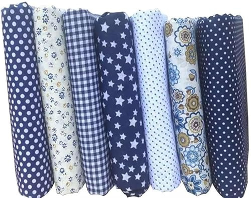 Baumwollstoff für Patchwork, Nähen, Scrapbooking, Quilten, Blumen-Punktmuster, 25 x 25 cm, Blau, 7 Stück