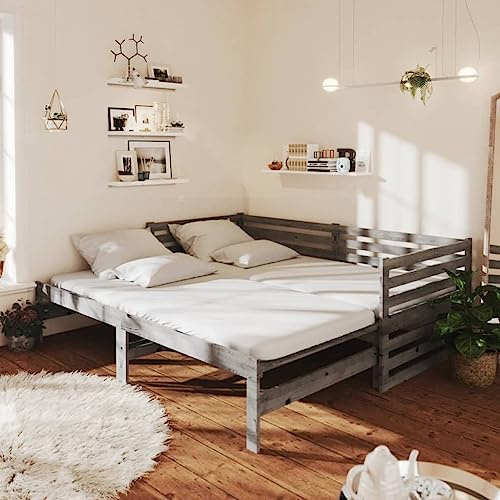 Mokuyary Ausziehbares Tagesbett Grau Massivholz Kiefer 2X(90x200) cm, Schlafsofa Bett mit Lattenrost Bettgestell, Gästebett Couch Bett ohne Matratze Sofabett für Wohnzimmer Schlafzimmer