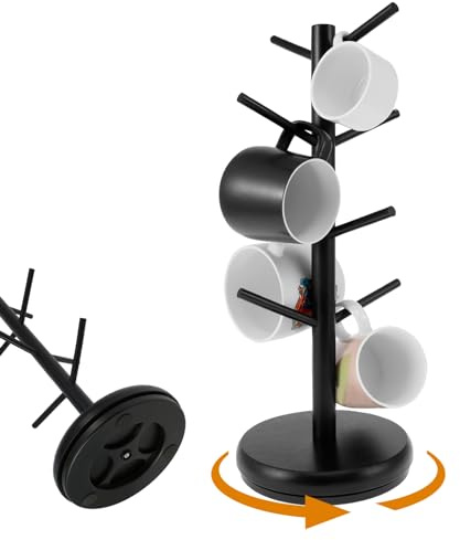8 Cups Mug Tree, 360°Rotated Bamboo Cup Holder Tree Coffee Cup Holder Storage Rack Kitchen Mug Stand Hanger with Thickened Base for Counters,Coffee Bars,Cabinets,Coffee Organizers (black-8 Cups)