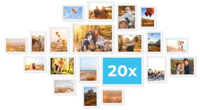 PHOTOLINI Bilderrahmen Set verschiedene Größen, Bilderwand Collage 20 Rahmen Weiß, Bilderrahmen-Set Holz MDF zum Aufstellen & Aufhängen, Acrylglas, photo frames for wall 10x15, 13x18 & A4 / 21x30 cm