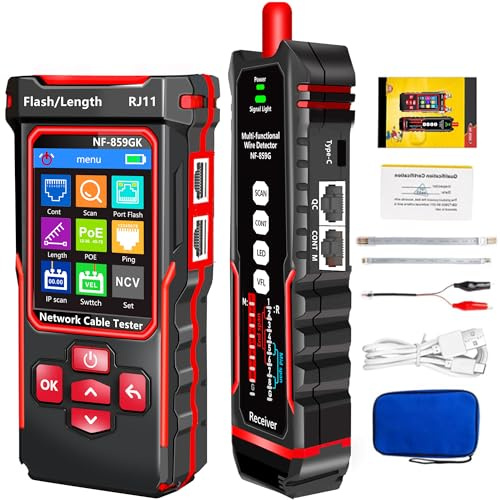 YILTION NF-859GK Netzwerk-Kabeltester TDR Multifunktional mit IP-Scan/VFL/PING/POE/CAT5 CAT6 CAT7 /RJ45 RJ11 Kabeltester für Telefonleitungen Ethernet-Kabeltester LAN-Netzwerktester