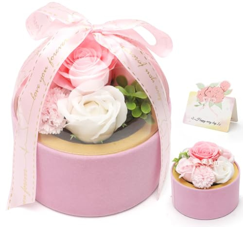 Umllpet Bouquet di Rose di Sapone con Scatola Rotonda Rosa, San Valentino, Festa della Mamma, Compleanno, Anniversario, Idea Regalo per Ragazza, Madre e Occasioni Speciali (rosa)