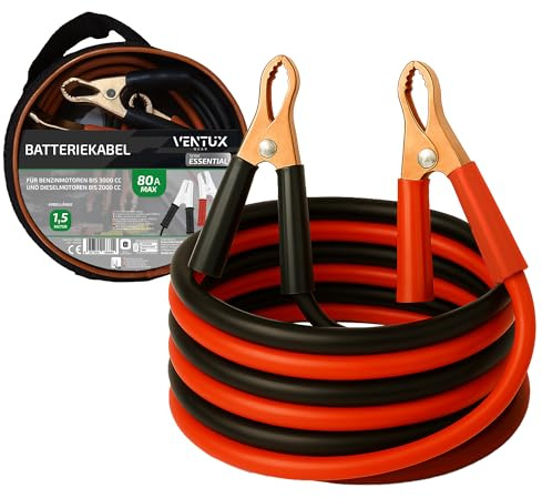 Starthilfekabel Motorrad 80A – Batteriekabel 1,5 m für Motorrad & Scooter bis 1000cc – Isolierte Klemmen – Ventux Gear