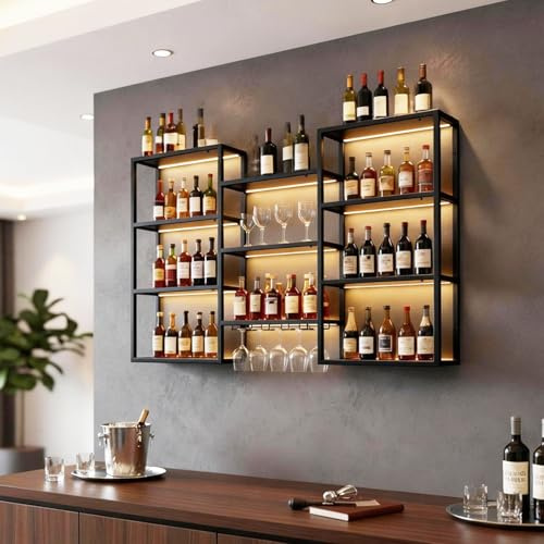 YDEHUEAD 180cm Portabottiglie Industriale a Parete con Luce LED Bianca Calda,Scaffale per Vino in Ferro a 4 Livelli,Espositore per Bottiglie di Liquore e Calici Scaffale Galleggiante da Muro (180cm)