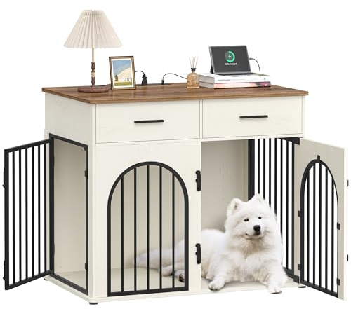 Hzuaneri 110 cm Hundekäfig Möbel mit 2 Schubladen, Hundebox, Weiß Braun | Indoor Hundebox mit Ladestation, Holz Hundebox Beistelltisch, Hochbelastbar Hundekäfig für Große Hunde, DFC88214BEU