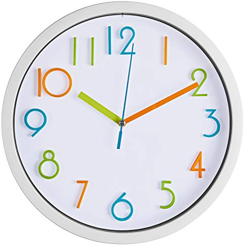 Bernhard Products Colorful Kids Wall Clock 10 Inch Silent Non Ticking Quality Quartz Battery Operated Wall Clocks, Easy to Read 3D Multi Colored Numbers Nursery Classroom Office Kitchen White Frame
