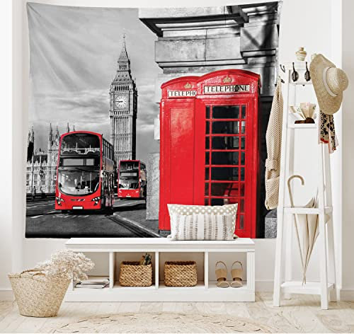ABAKUHAUS Europa Wandteppich und Tagesdecke, London Retro Telefonzelle aus Weiches Mikrofaser Stoff Waschbar ohne Verblassen Digitaldruck, 230 x 140 cm, Grau Rot