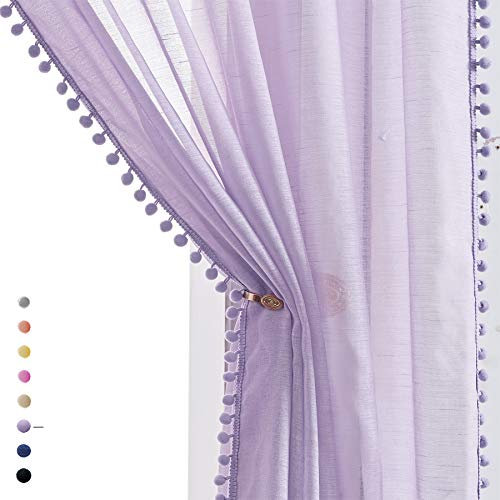 Treatmentex Pompom Sheer Curtains for Living Room 72 Lilac Window Drapes Lavender Voile Curtain for Girls' Room 2panels Rod Pocket