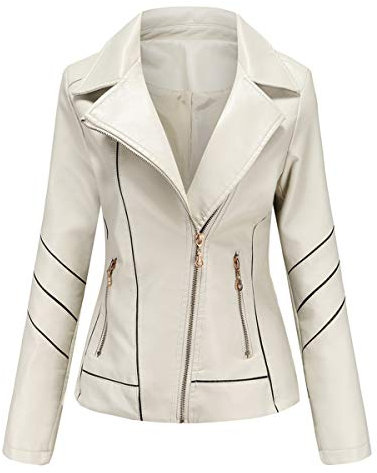 Hiser Femme Veste de Simili Cuir, Moto Manteau Faux Cuir PU Slim Fit Printemps Automne Hiver Manche Longue Élégant Veste Courte Blouson Biker à Fermeture (Blanc,XL)