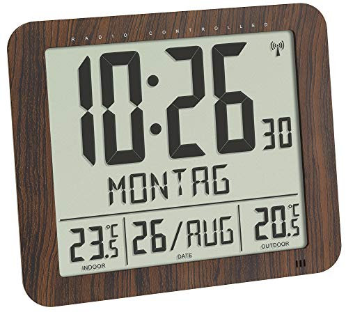 TFA Dostmann Funk Wanduhr Holzoptik, 60.4518.08, mit Außensender, Innen- und Aussentemperatur, gut ablesbar, mit Datum und Wochentag, braun