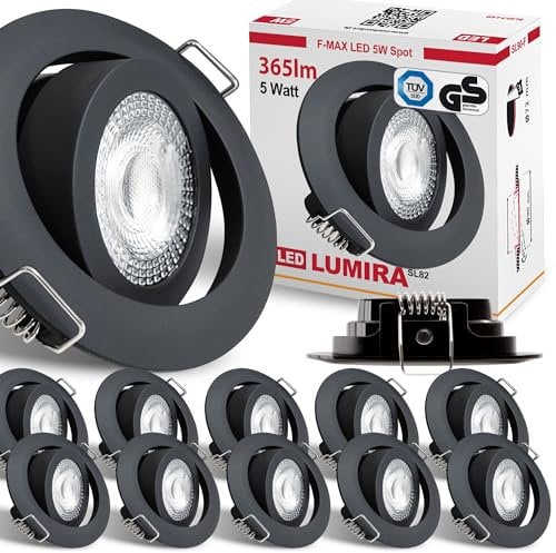 max K O M F O R T 12x LED Einbaustrahler Ultraflach 5 Watt Schwarz schwenkbar 230V Rund warmweiß Deckenstrahler Spot Deckenspot Lumira