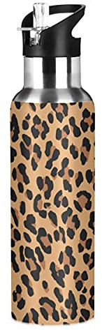 xigua Gourde de sport Leopard avec couvercle à paille double paroi isotherme en acier inoxydable 590 ml