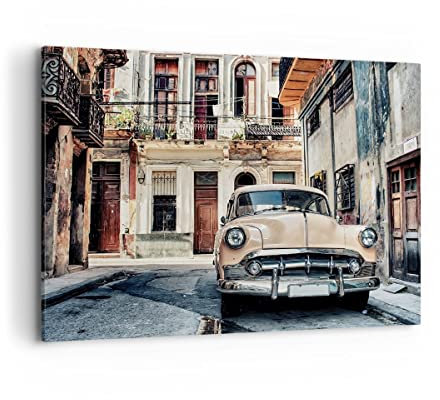 Bilder auf Leinwand 100x70cm Leinwandbild Kubanisch Auto Mietshäuser Groß Wanddeko Bild Schlafzimmer Küche Deko Wandbilder Dekoration Wohnzimmer Wall Decor Canvas Wand Kunstdruck Art AA100x70-4413