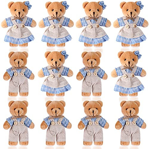 Lot de 12 mini ours en peluche avec vêtements en toile de jute, jouets pour décorations d'anniversaire, de mariage, de fête de Noël (style mignon, bleu, blanc)