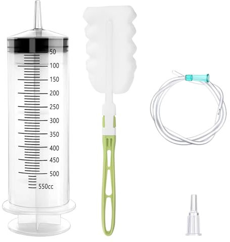 GOLDEROC Large Syringe 500ml (550ml) with 1m Plastic Tube and Cleaning Bottle Brush, Plastic Oil Syringe, Lab Syringes, Reusable Large Syringes for Laboratory, Industry, Garden, Pet Feeding