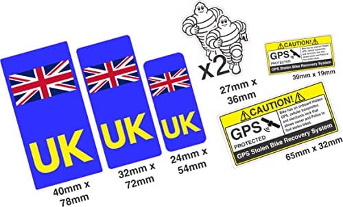 UK MotorBike Number Plate Sticker Set + GPS Tracking Sticker & Fun Mudflap Vinyl Stickers - Union Jack - NO EU Flag Brexit - for Motor Bike Replaces GB Sticker