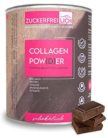 ZUCKERFREIlich Colágeno polvo chocolate 240g sin azúcar, con vitaminas, proteínas sin azúcar y oligoelementos, altamente dosificado con 7.000 mg de hidrolizado de colágeno por porción