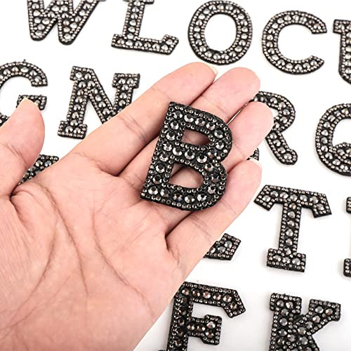 Prasacco 26 Pcs Letter Patches, A-Z Rhinestone Pearl Glitter Alphabet Patches Iron On Letters for Clothing Letters Patches for DIY Craft Supplies (Black)