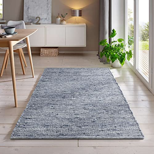 Handweb-Teppich aus Schurwolle in Skandinavischem Landhaus Design in vielen aktuellen Farben für Wohnzimmer, Esszimmer, Schlafzimmer, Flur, auch als Läufer beidseitig verwendbar blau 160x230 cm