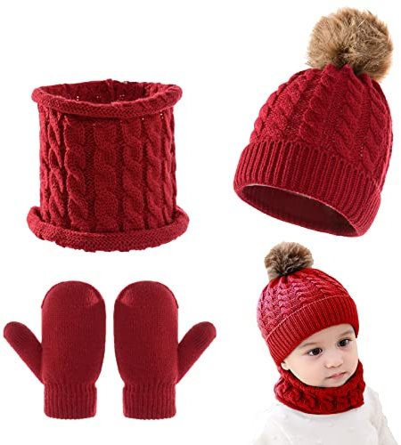 Juego de guantes de gorro para bebé, gorro de punto, guantes cálidos para invierno, calentador de cuello para niños y niñas, de 0 a 3 años