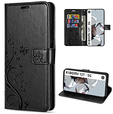 betterfon Hülle Kompatibel mit Xiaomi 12T / 12T Pro | Premium PU Leder Handyhülle Wallet Case für 12T / 12T Pro | Schutzhülle Blumen Klapphülle Handyhülle | Schwarz