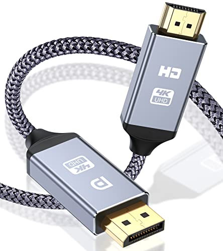 Câble DisplayPort vers HDMI 4K, Display Port HDMI, DP vers HDMI Cable Adaptateur en Nylon Tressé Compatible avec Ordinateur, AMD, Lenovo, HP, Dell, Asus et Autres (1.5m, gris)