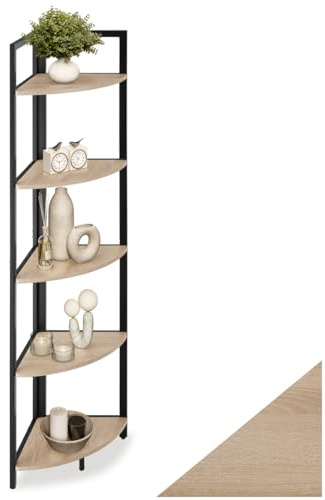 tectake® 5-Tier Corner Shelf with Industrial-Style Steel Frame & Rustic Shelves, Space-Saving Shelving Unit with Height-Adjustable Feet for Living Room, Bedroom, Hallway, 30 x 30 x 150 cm - Light Wood