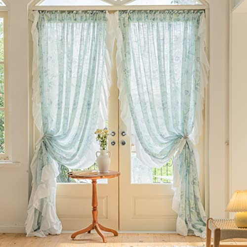 Freyamy Transparent Vorhänge 2er Set Voile Vorhang Grün Blumen Gardinen mit Rüsche Durchscheinend Landhaus Verdunkelungsgardine Wohnzimmer Schlafzimmer Fensterdekoration Vorhänge（B132xH213）
