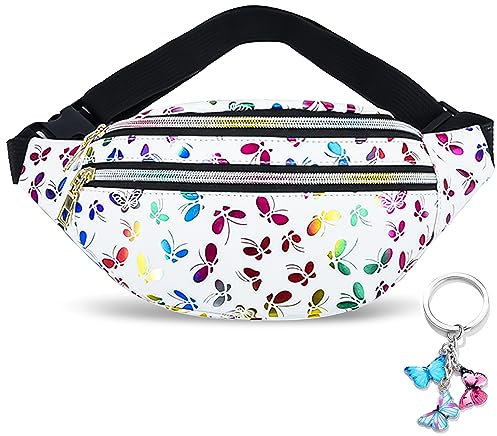 Bauchtasche Kinder Mädchen Gürteltasche Festival Mode Wasserdicht Glitzer Holografisch Schlüsselanhänger Schmetterling Bunt Jugendliche (Weiß)