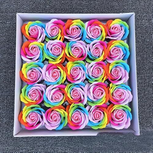 ZEYRU 25 Stück/Set Bunte Seifenrosen, dekorative Blumen, Seifenblütenblätter, Hochzeitsgeschenke, Valentinstagsgeschenk, Regenbogen-Rosenstrauß, tiefrosa