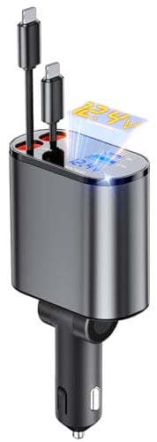 Aimtel Einziehbares Auto Ladegerät 66w Zigarettenanzünder USB Adapter 2 Einziehbares Apple-Ladekabel und 2 USB-Anschlüsse KFZ Ladegerät Kompatibel mit iPhone 14/14 Pro/14 Pro Max/13/12/11/XS/XR