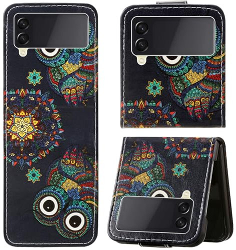 GLANDOTU Étui de protection en cuir pour Samsung Galaxy Z Flip 3 - Motif à rabat - Motif chouette de dessin animé