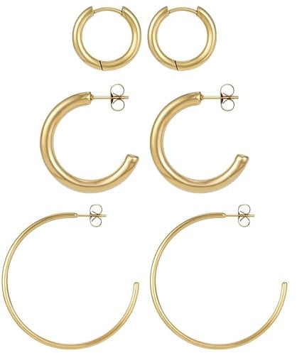 BONNYBIRD® Creolen Gold Set Edelstahl Groß Damen Goldene Ohrringe Breit Dünn Klein Ohrstecker Frauen Wasserfest Schmuck Vergoldet Hypoallergen Medizinischer Chirurgenstahl Nickelfrei Goldschmuck