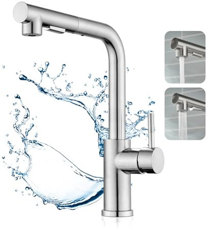 HOROW Wasserhahn Küche Einhebel, Mischbatterie küche Ausziehbar, küchenarmatur edelstahl Brause Zwei Wasserstrahlarten, Armatur Spülbecken 360°Schwenkbar