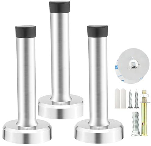 M JINGMEI 3 Pack Door Stoppers, Self Adhesive Door Stop, Rubber Door Stops with Screws,Wall Mounted Door Stop,Wall Door Stop Bumpers,Door Stops Indoors for Kitchen,Garden,Room(Silver/95mm)